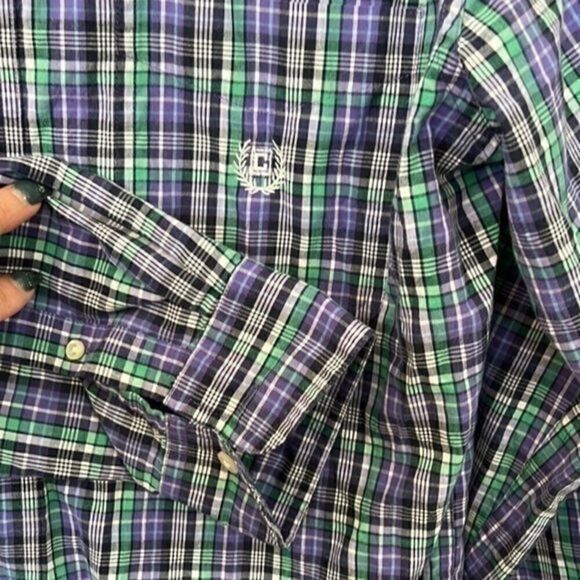 Chaps Easy Care Button Down Shirt. Purple and green plaid. Size medium. - Picture 3 of 4